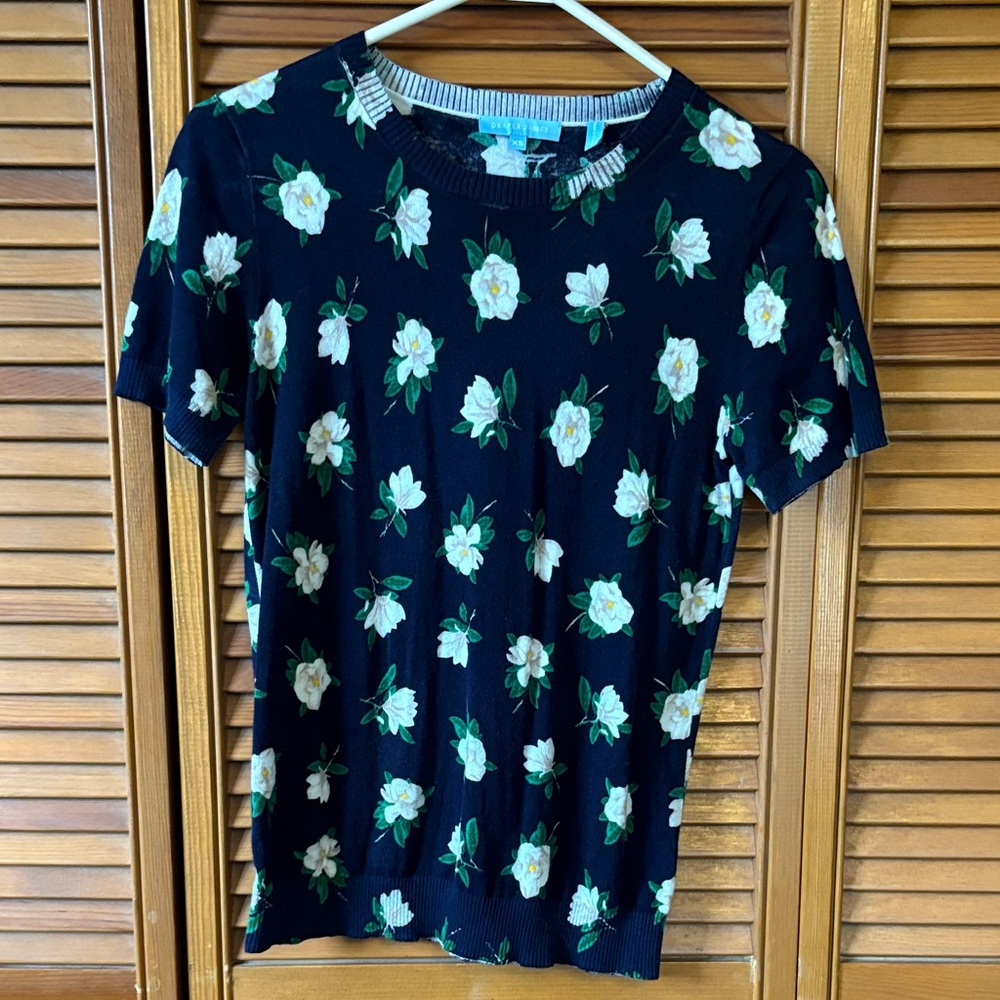 Draper James Dark Blue Floral Short Sleeve Sweater Tee
